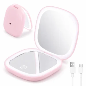 Espejo de Maquillaje LED Recargable Plegable Rosa
